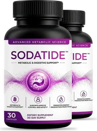 Two SodaTide capsule bottles with black caps and white and purple labels