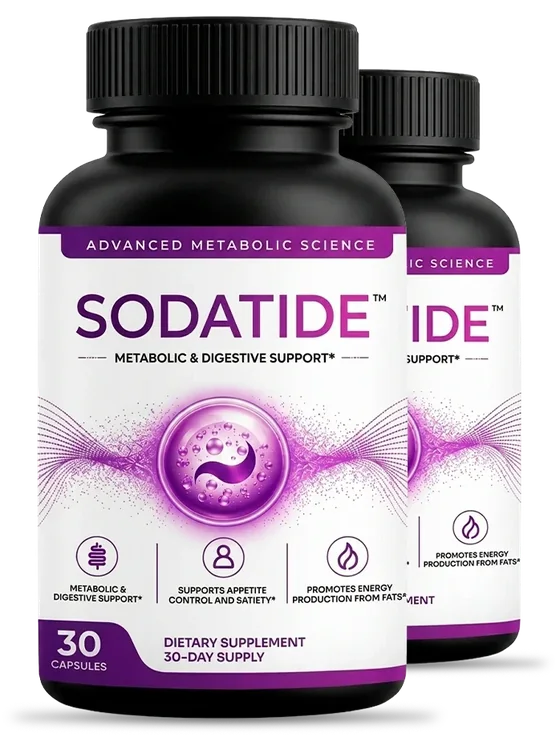 2 SodaTide capsule bottles with black caps and white and purple labels