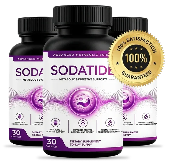 Three SodaTide capsule bottles with a gold 100% satisfaction guaranteed seal
