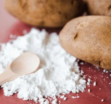 Potato starch powder on a wooden spoon beside whole potatoes