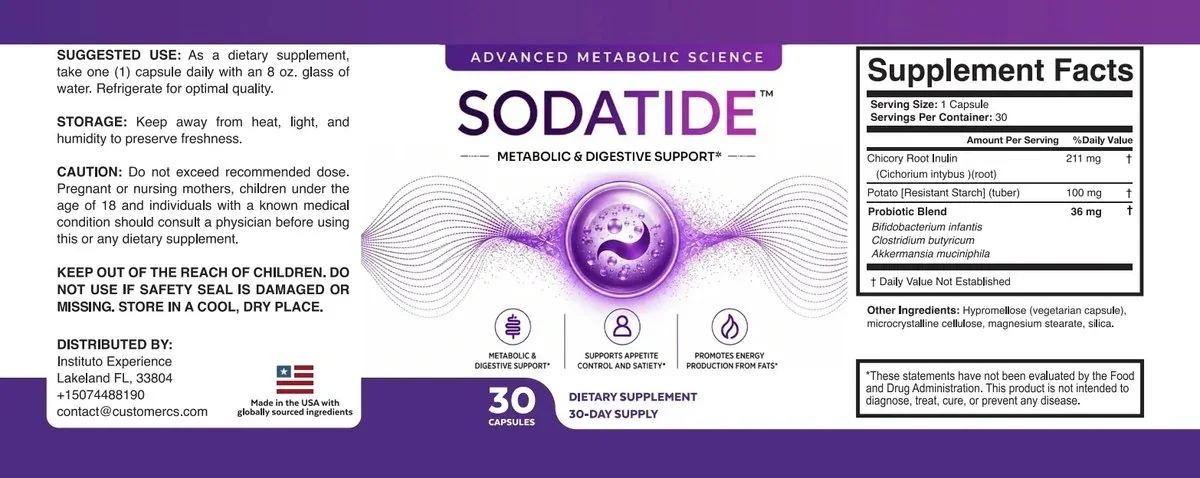 The full SodaTide label as supplied: suggested use, storage, caution and distributor on the left; the bottle front in the middle; Supplement Facts, other ingredients and the FDA statement on the right