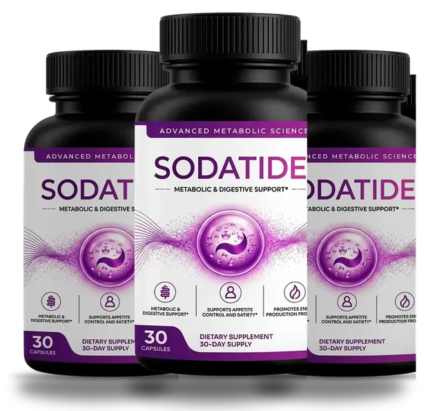 3 SodaTide capsule bottles with black caps and white and purple labels