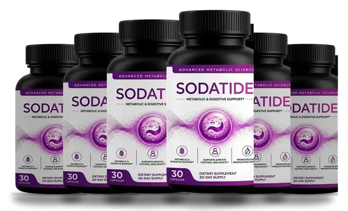 6 SodaTide capsule bottles with black caps and white and purple labels